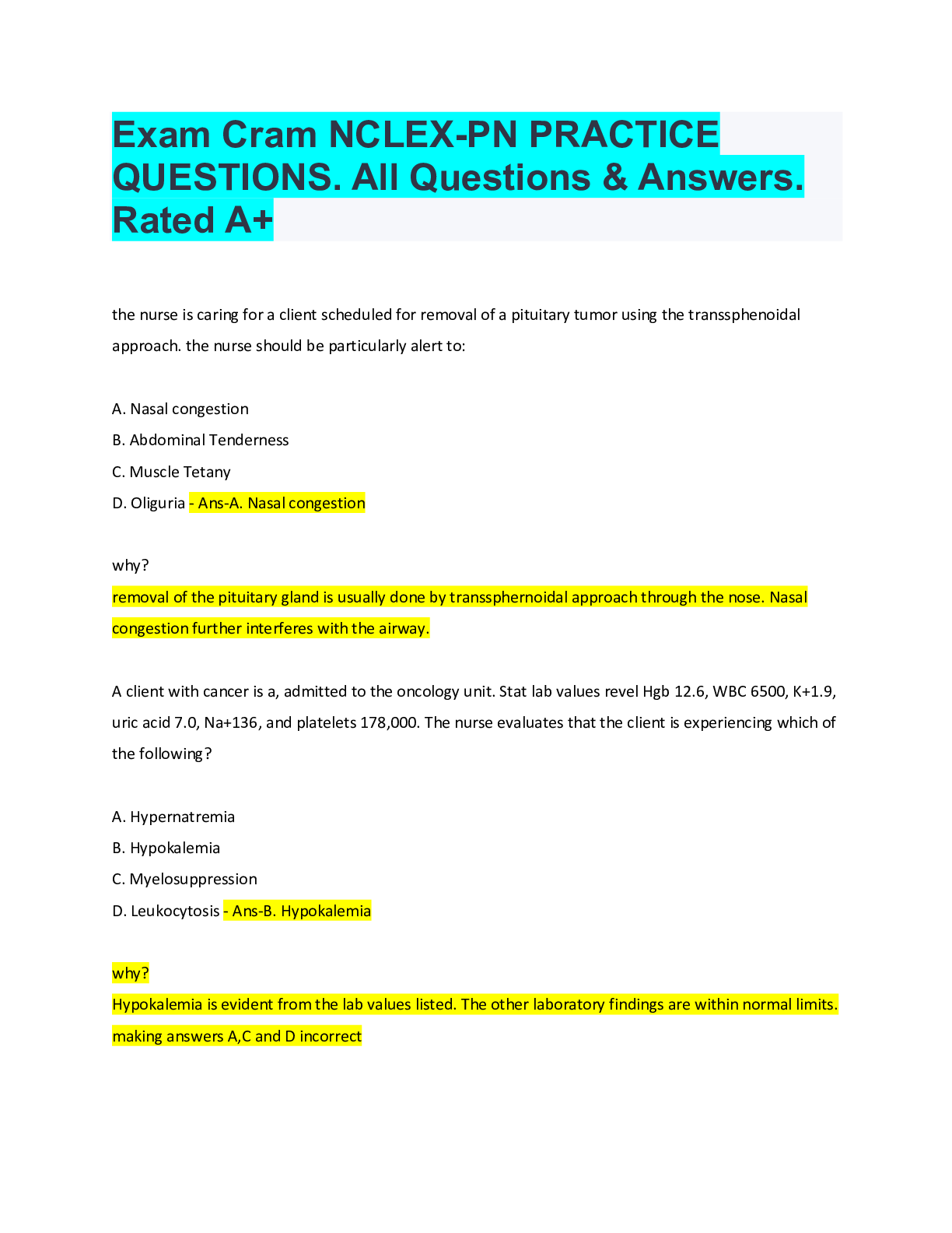 Preview image for Exam Cram NCLEX-PN PRACTICE QUESTIONS. All Questions & Answers. Rated A+